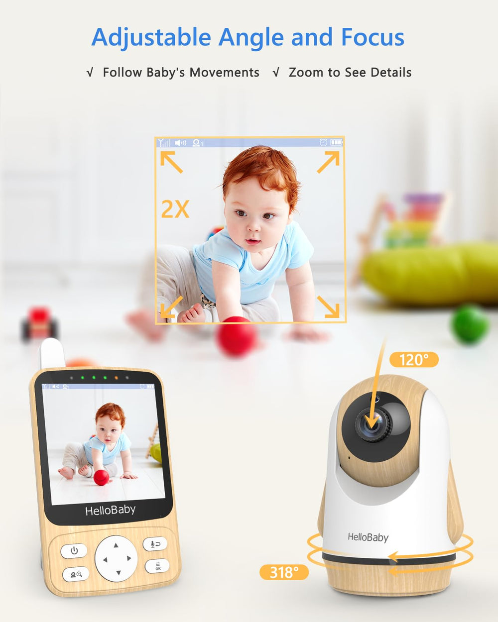HelloBaby 2-way audio with VOX enables soothing talks and cries alerts.