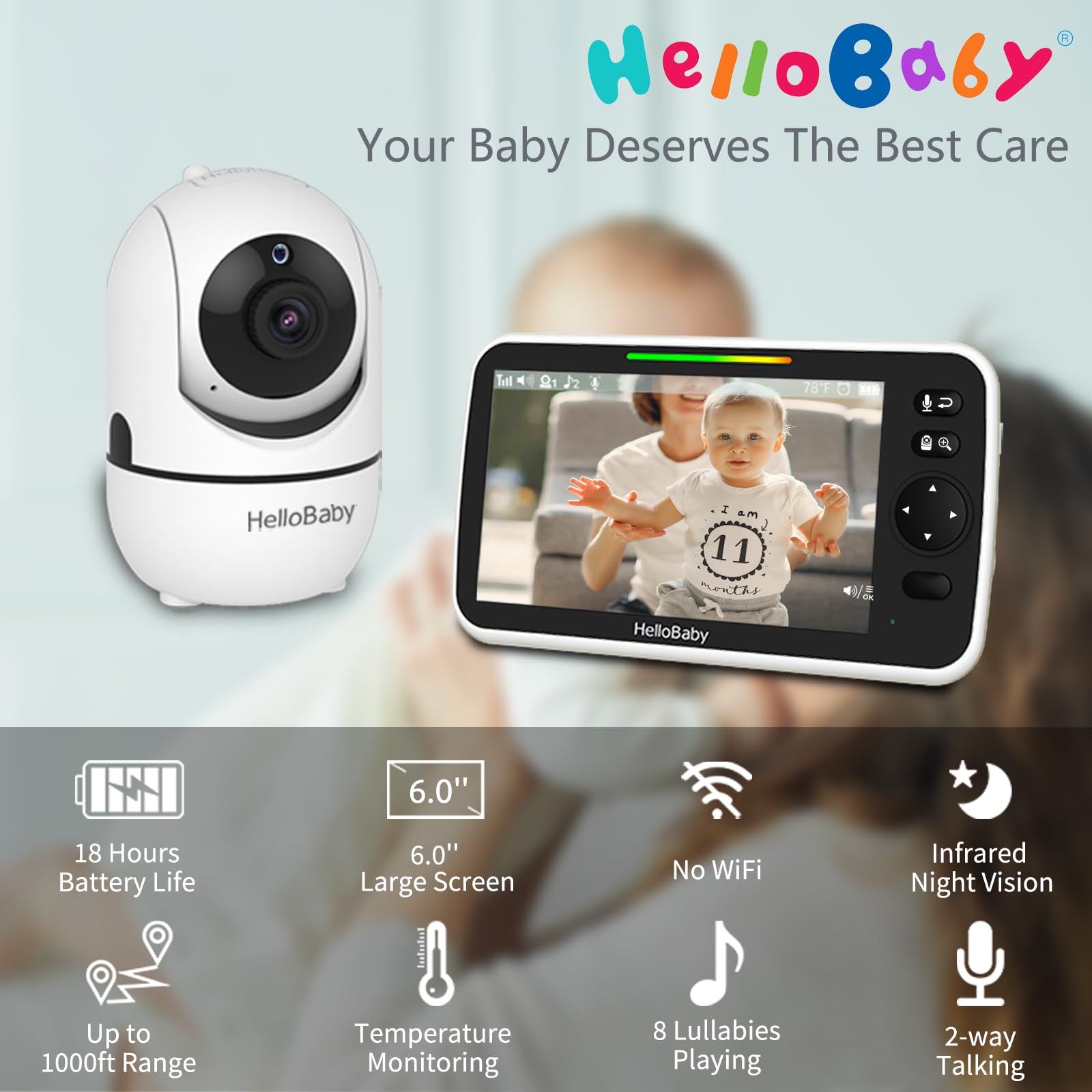 HelloBaby 30h battery life ensures worry-free overnight monitoring for weary parents.