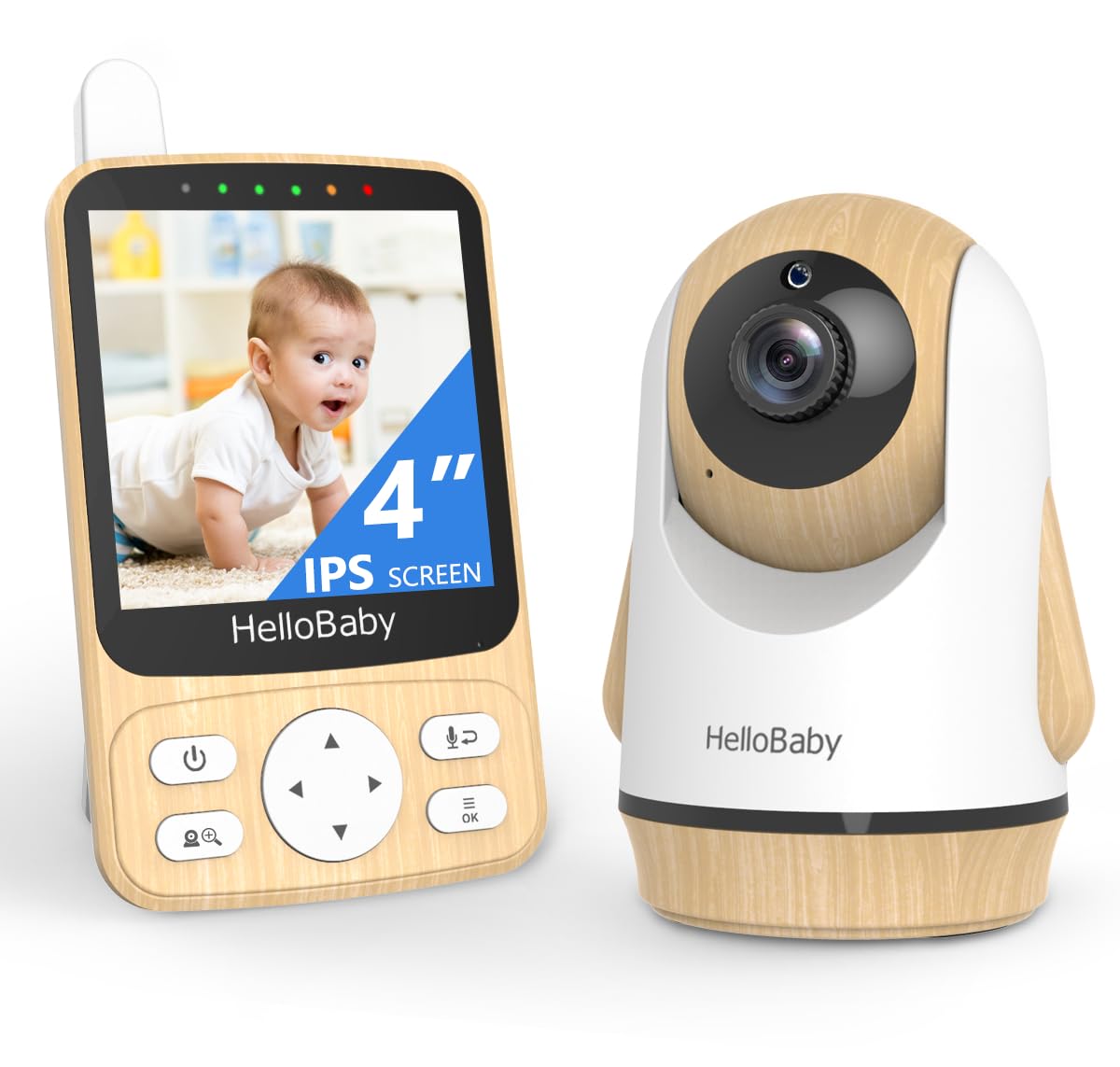 HelloBaby 4-inch IPS display shows real-time nursery view for quick checks.