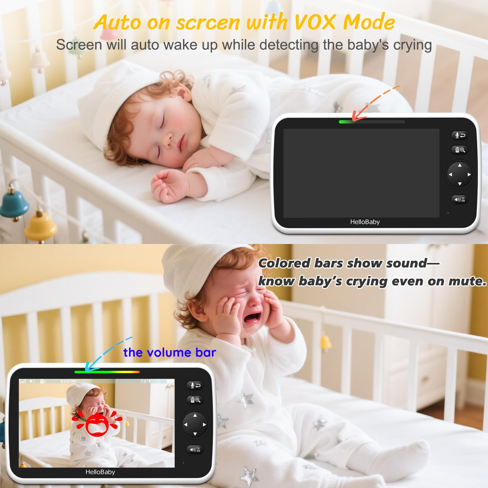 HelloBaby 355° pan-tilt provides near-full-room coverage