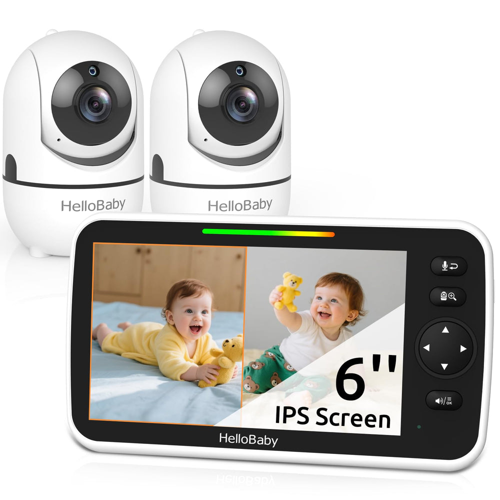 HelloBaby 6in split-screen monitor shows two rooms for twins or multi-room monitoring