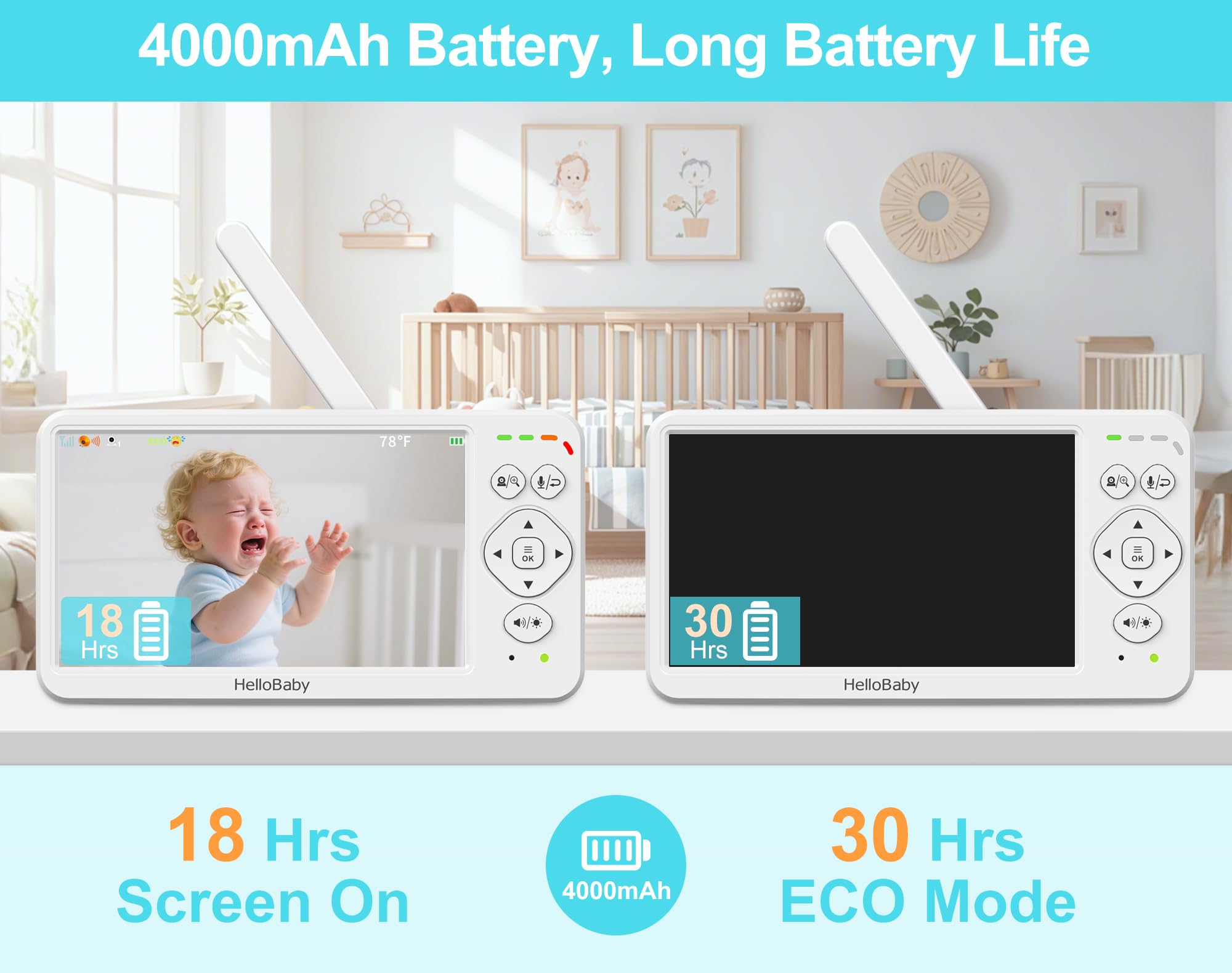 HelloBaby night vision captures clear black-and-white images in low light.