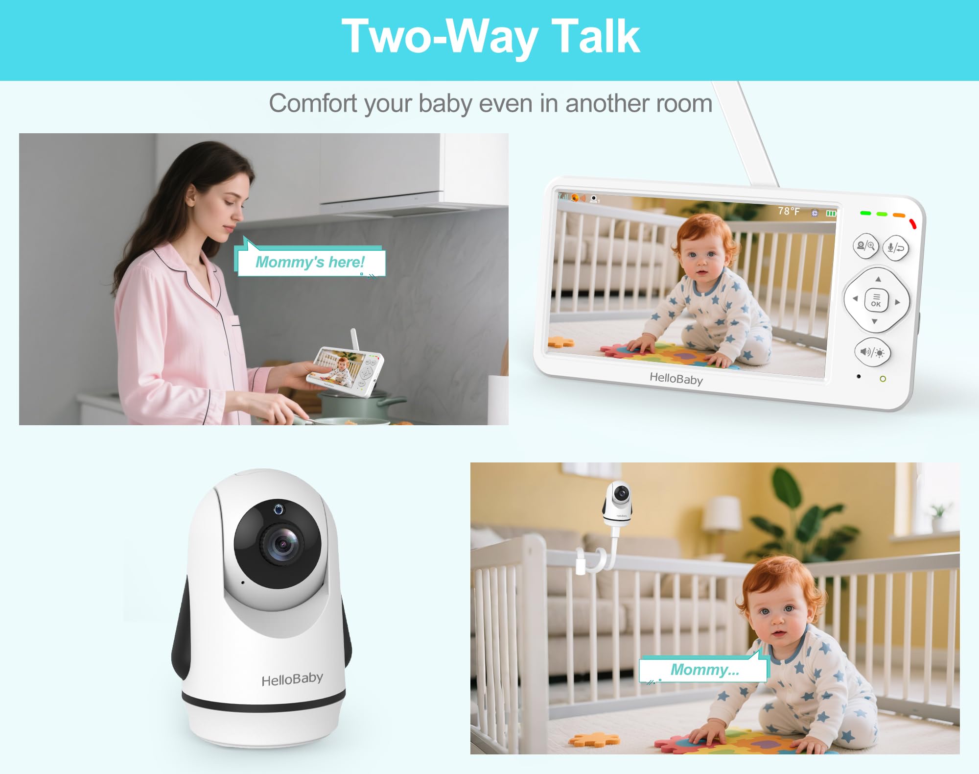 HelloBaby pan-tilt-zoom rotates 320° for a broader room view