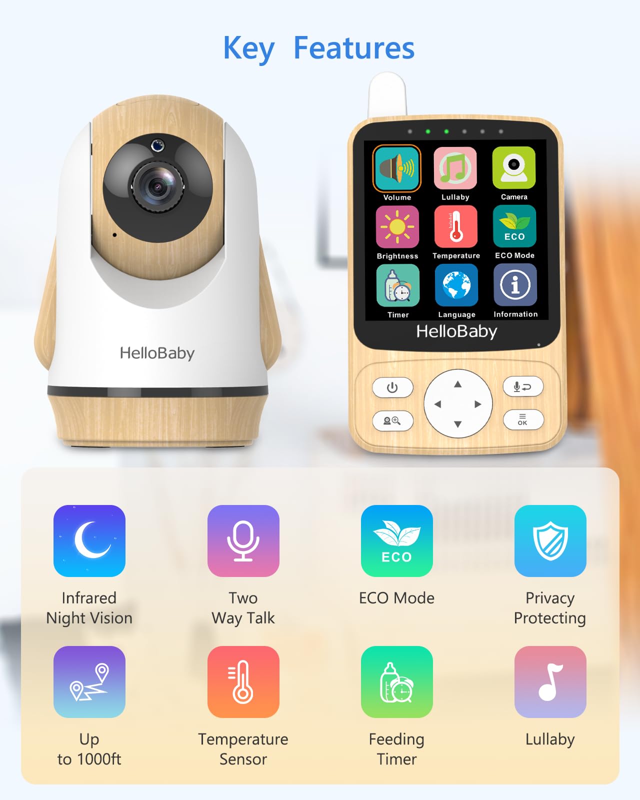 HelloBaby camera with 2x zoom and pan-tilt for thorough room inspection.
