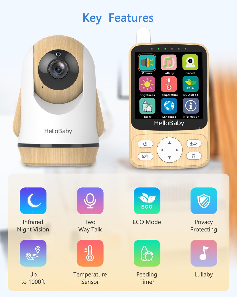 HelloBaby camera with 2x zoom and pan-tilt for thorough room inspection.