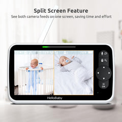 HelloBaby HB6351Plus split screen shows two angles on one display for efficiency.