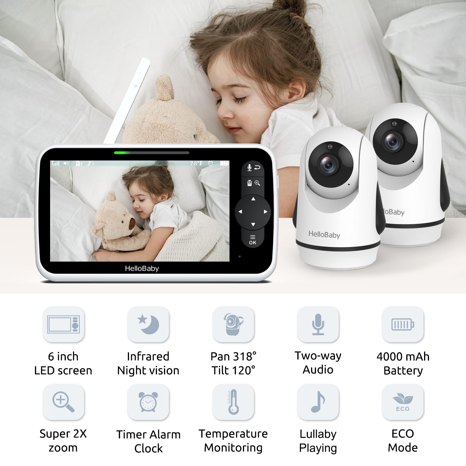 HelloBaby HB6351Plus dual cameras provide multi-angle monitoring for peace of mind.