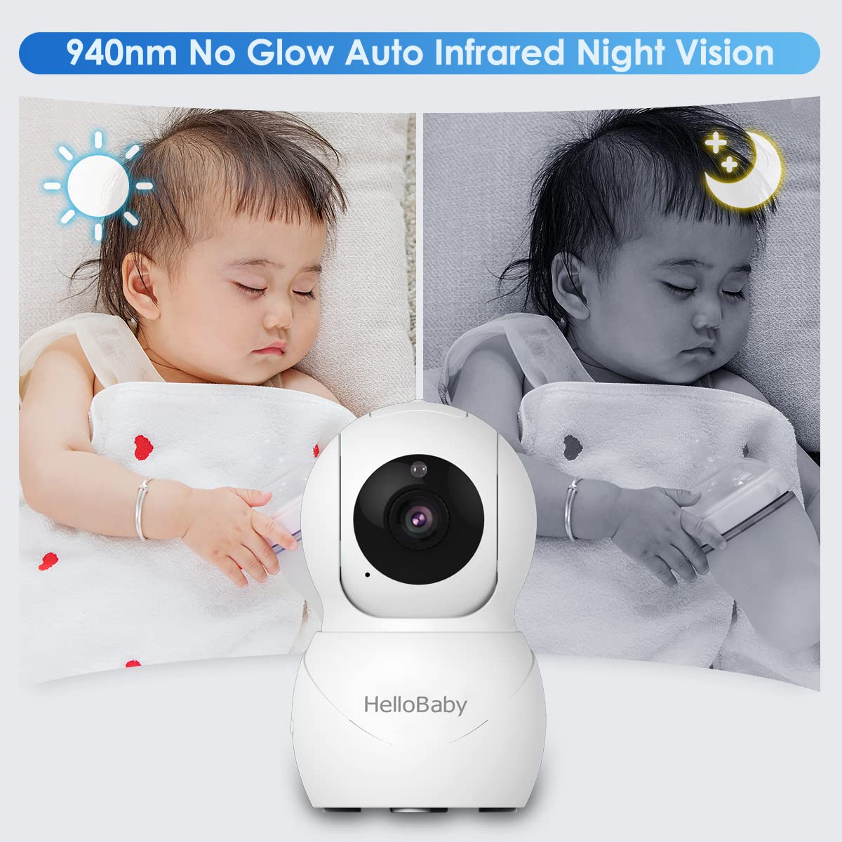 HelloBaby HB66pro infrared night vision provides a clear baby view in low light.