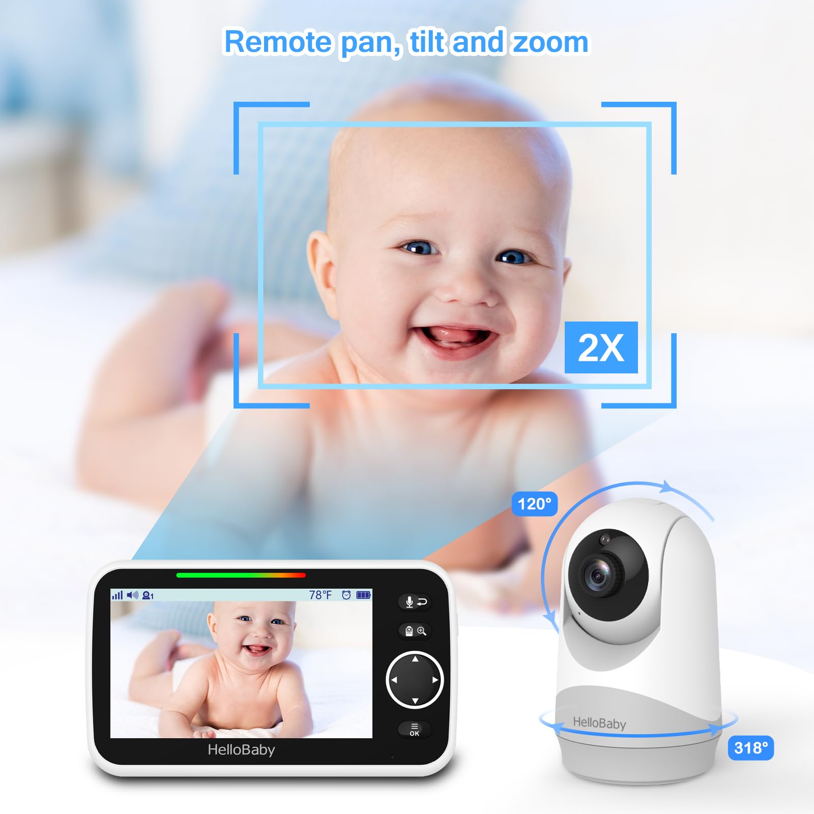 HelloBaby Monitor 2way-audio image highlights real-time talk and soothing reassurance.