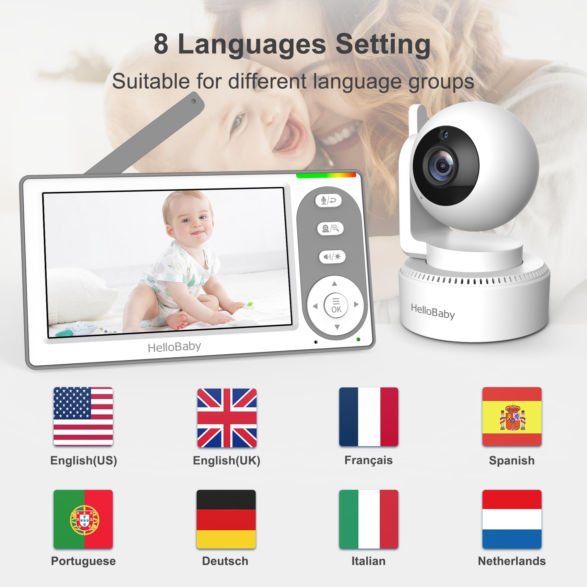 HelloBaby ECO mode saves battery by dimming the screen when the room is quiet.