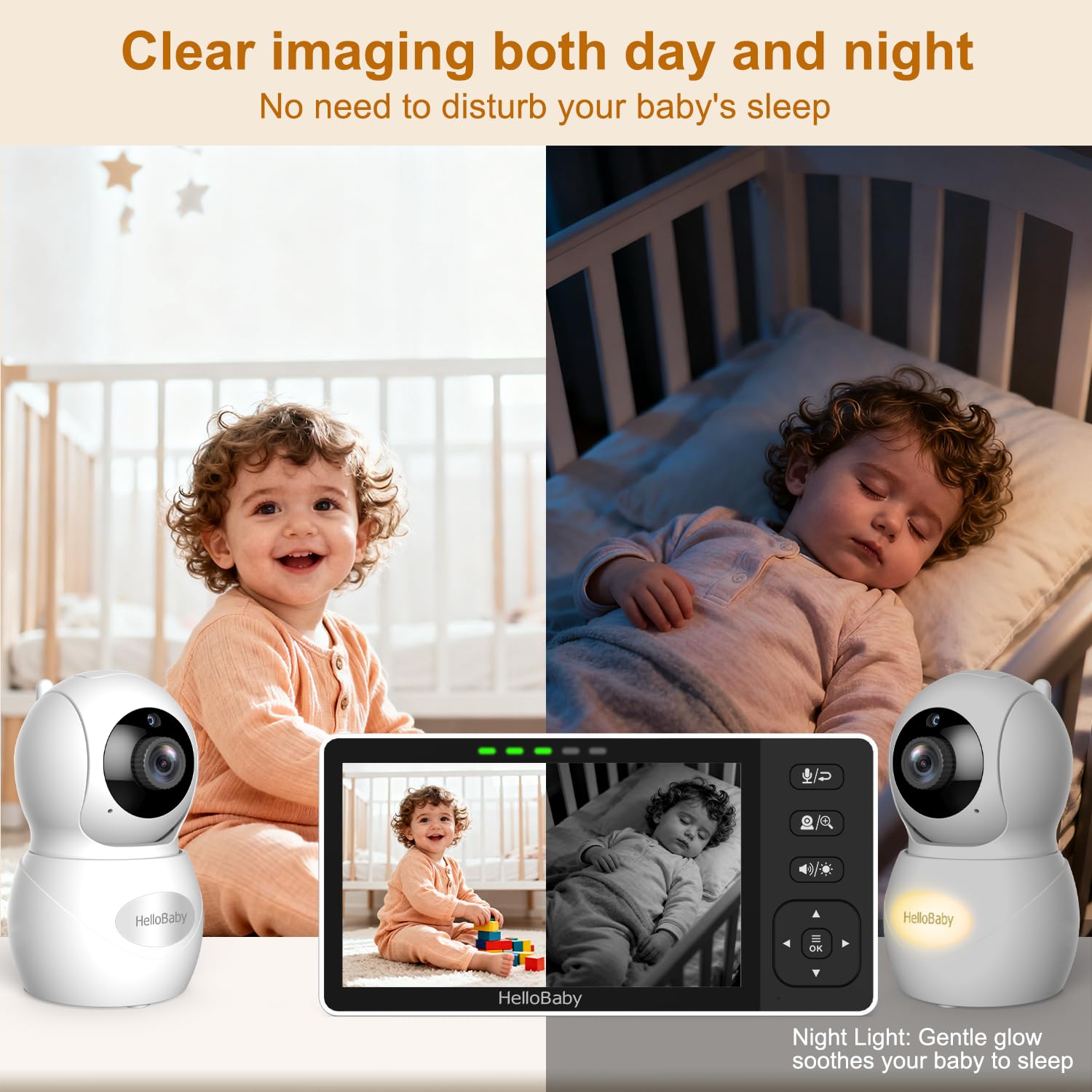 HelloBaby monitor night light provides gentle illumination for late checks.