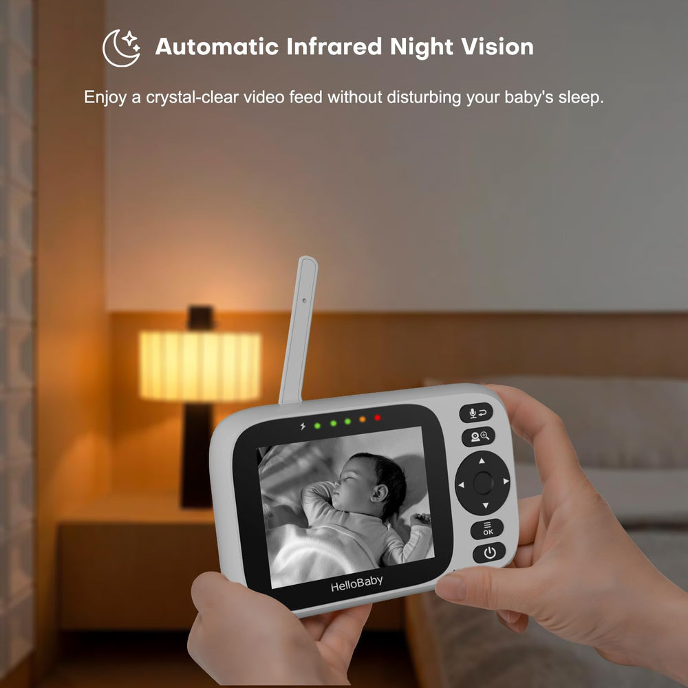 HelloBaby monitor night vision delivers clear low-light views for nighttime checks.
