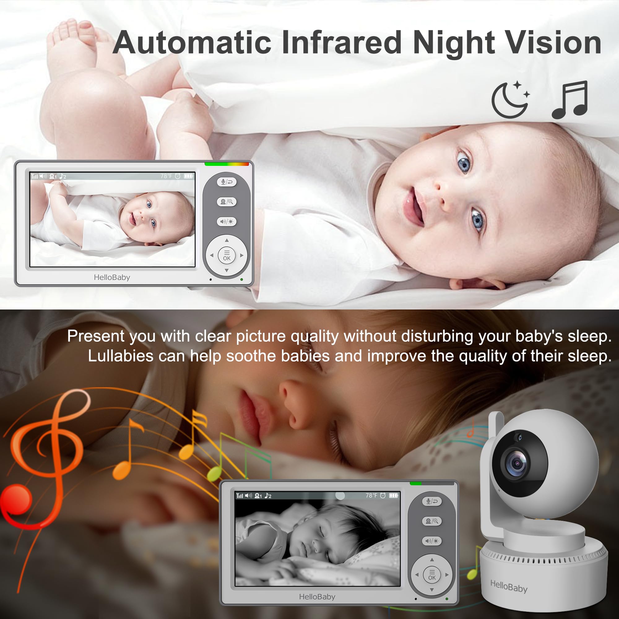 HelloBaby automatic night vision stays clear in low light without waking your baby.