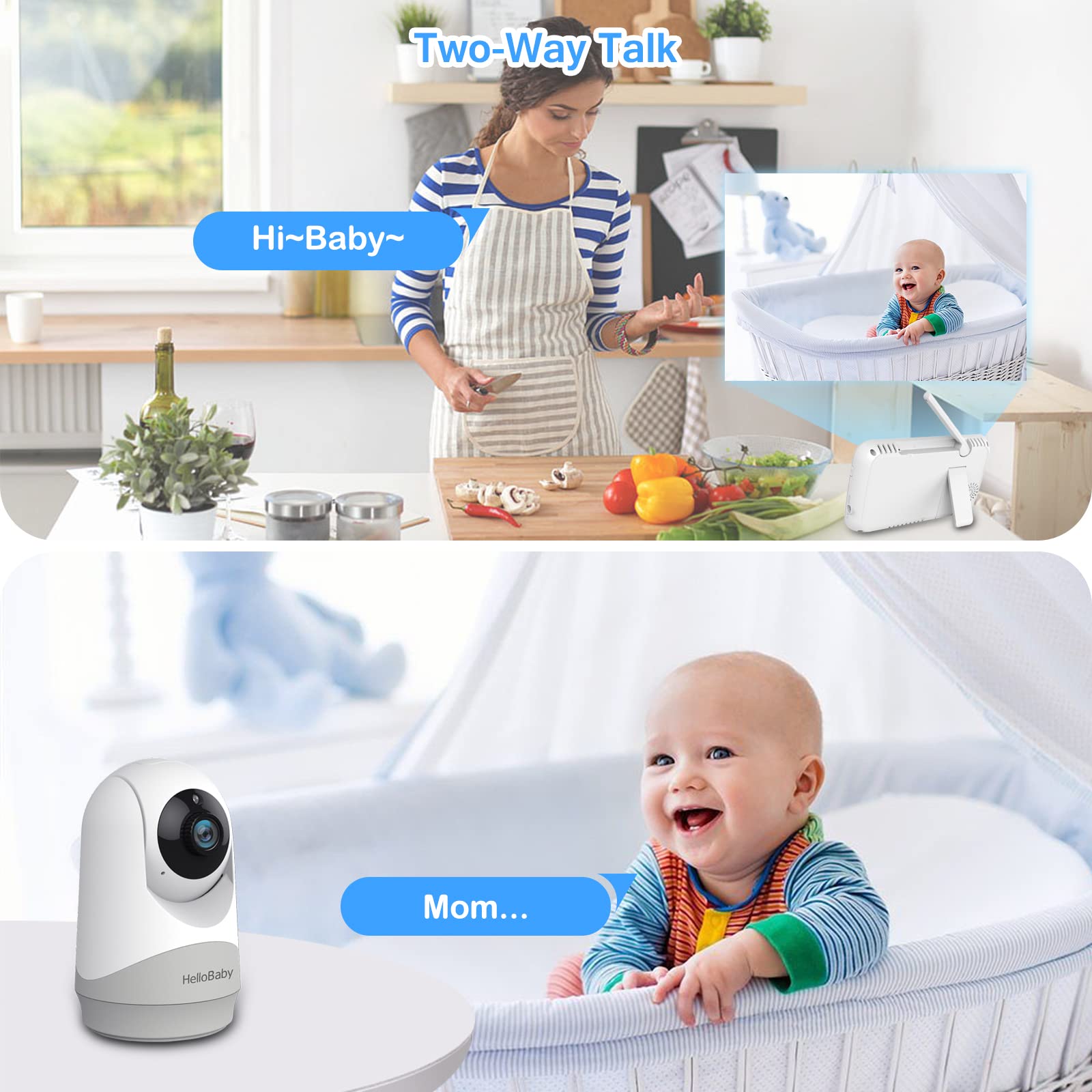 HelloBaby Monitor ptz-control shows remote pan-tilt-zoom for wider cradle-to-corner viewing.