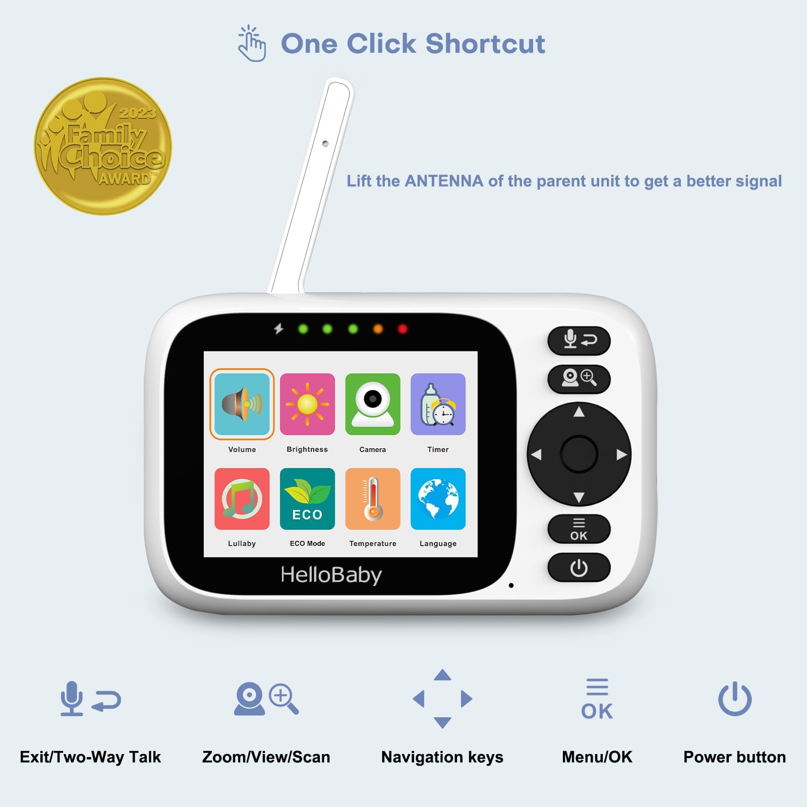 HelloBaby monitor PTZ remote control demonstrates easy pan-tilt-zoom tracking.