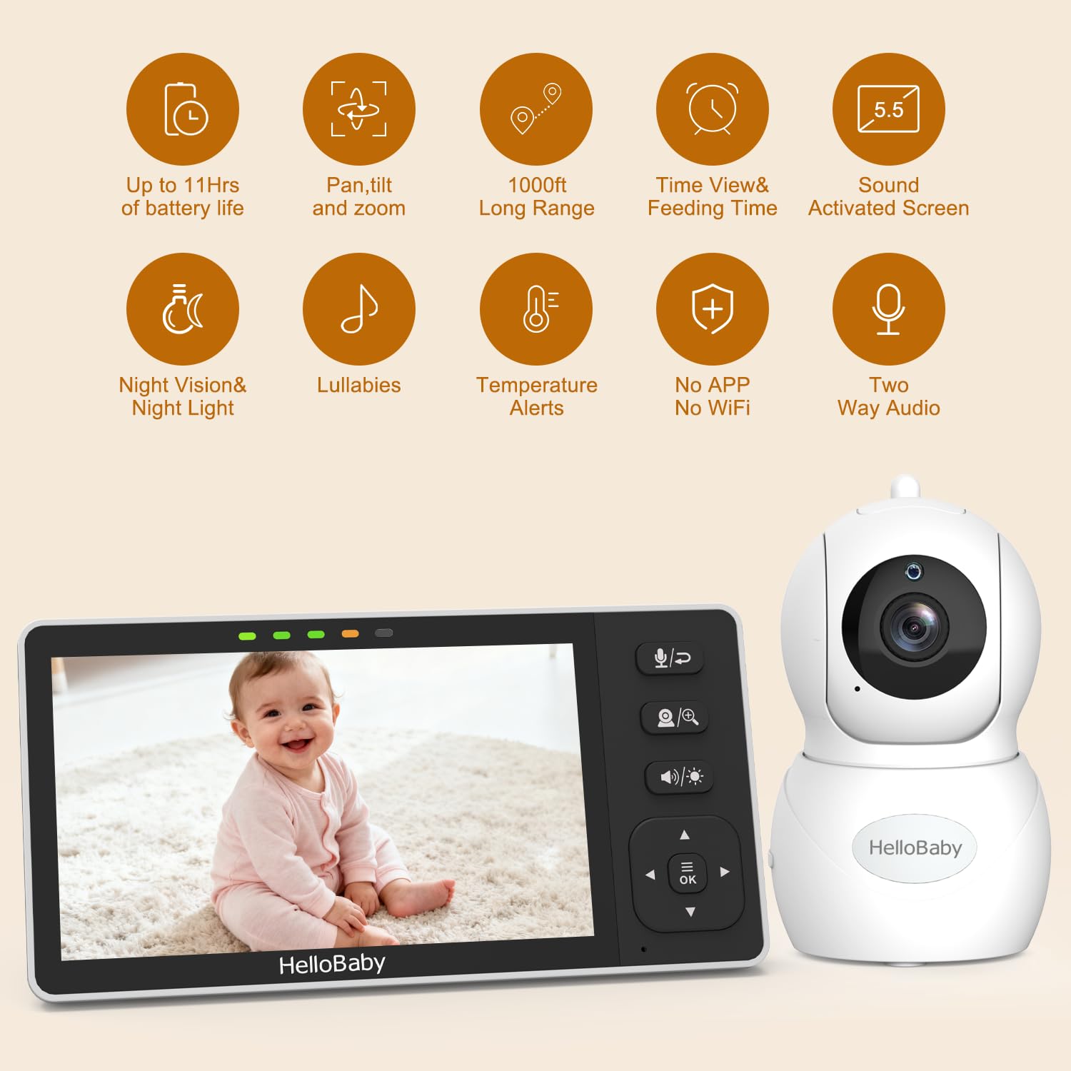 HelloBaby monitor remote pan tilt zoom enables flexible viewing from anywhere.