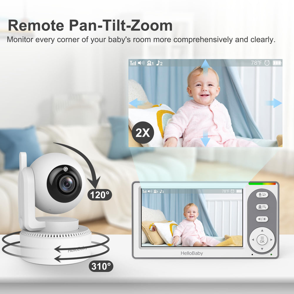 HelloBaby remote pan-tilt-zoom covers the nursery with 350° pan and 120° tilt.