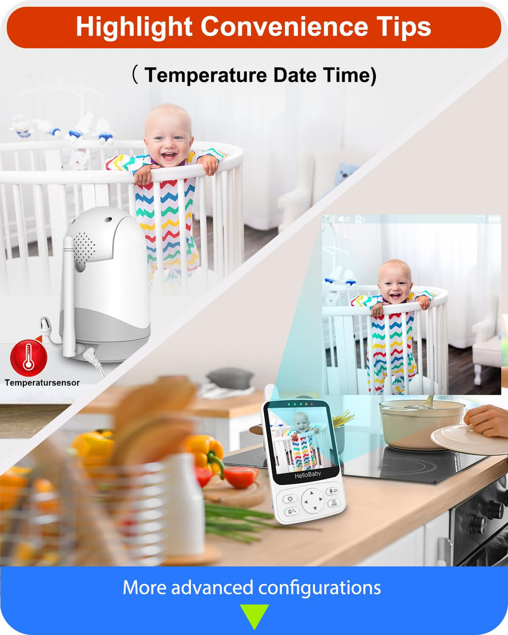 HelloBaby no-wifi monitor 26-hour battery life for all-day portability.