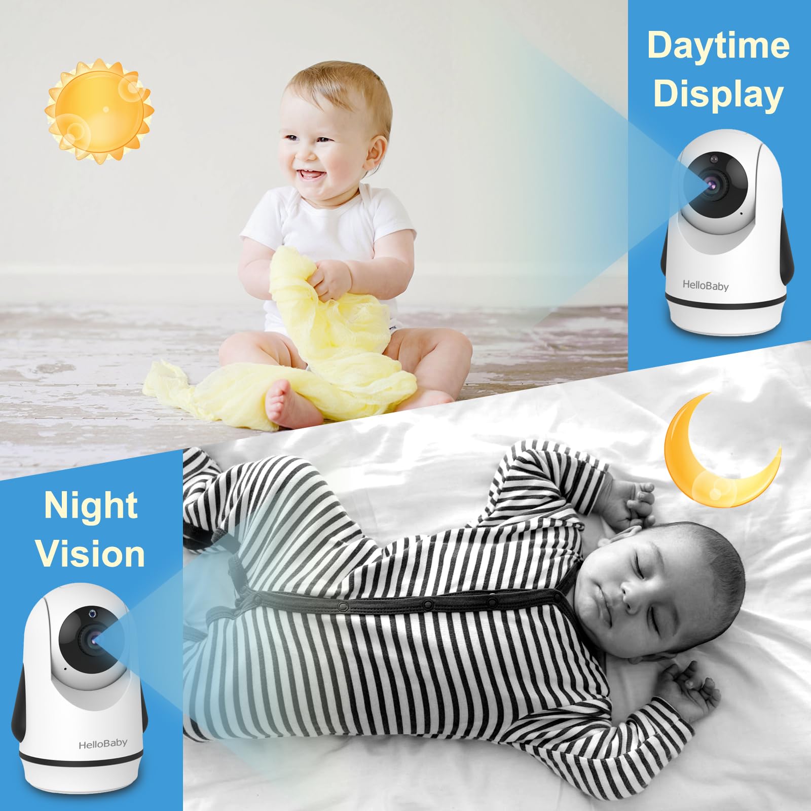 HelloBaby entire room coverage helps you notice movements across the nursery and play area.