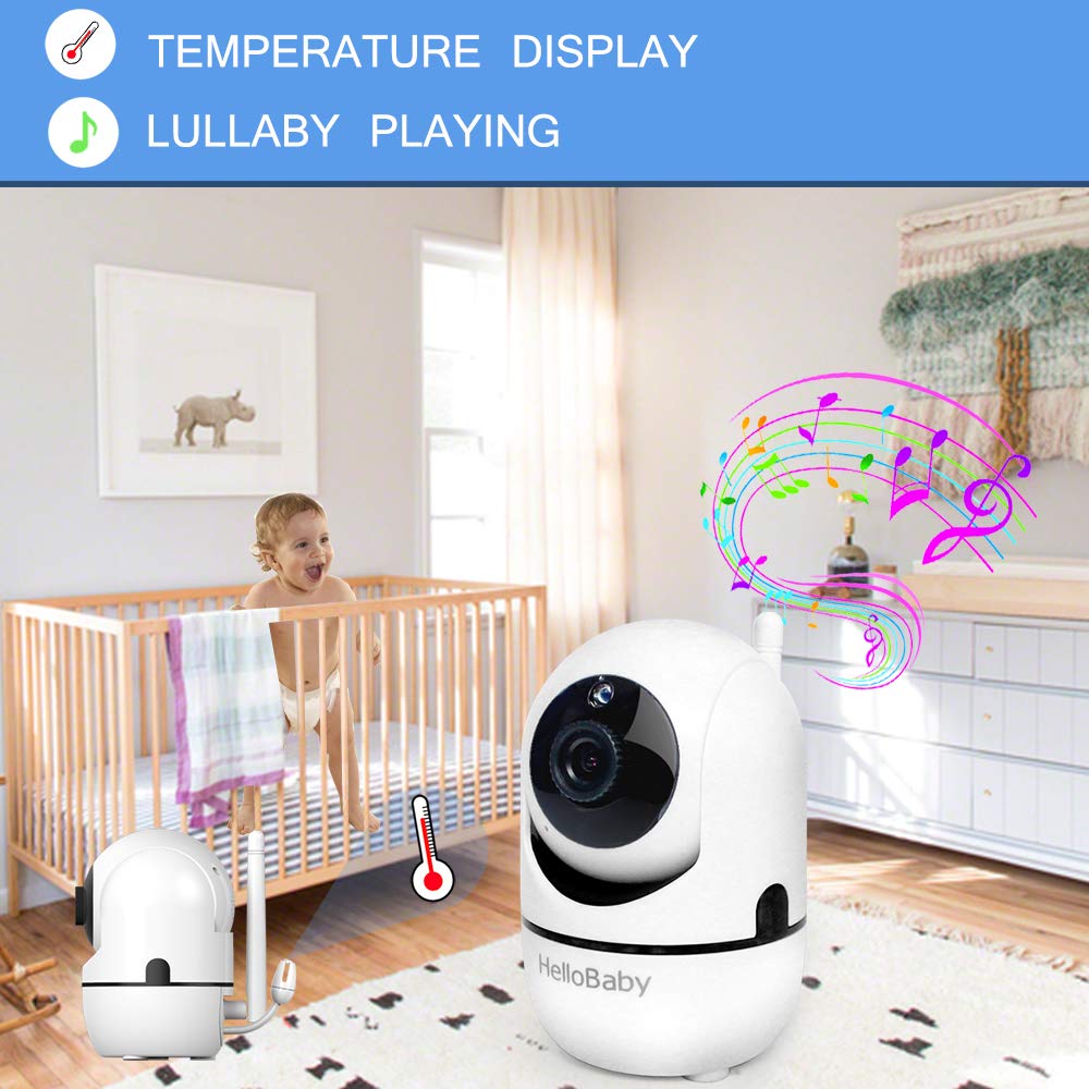 HelloBaby video monitor lullaby feature for soothing baby without entering room.