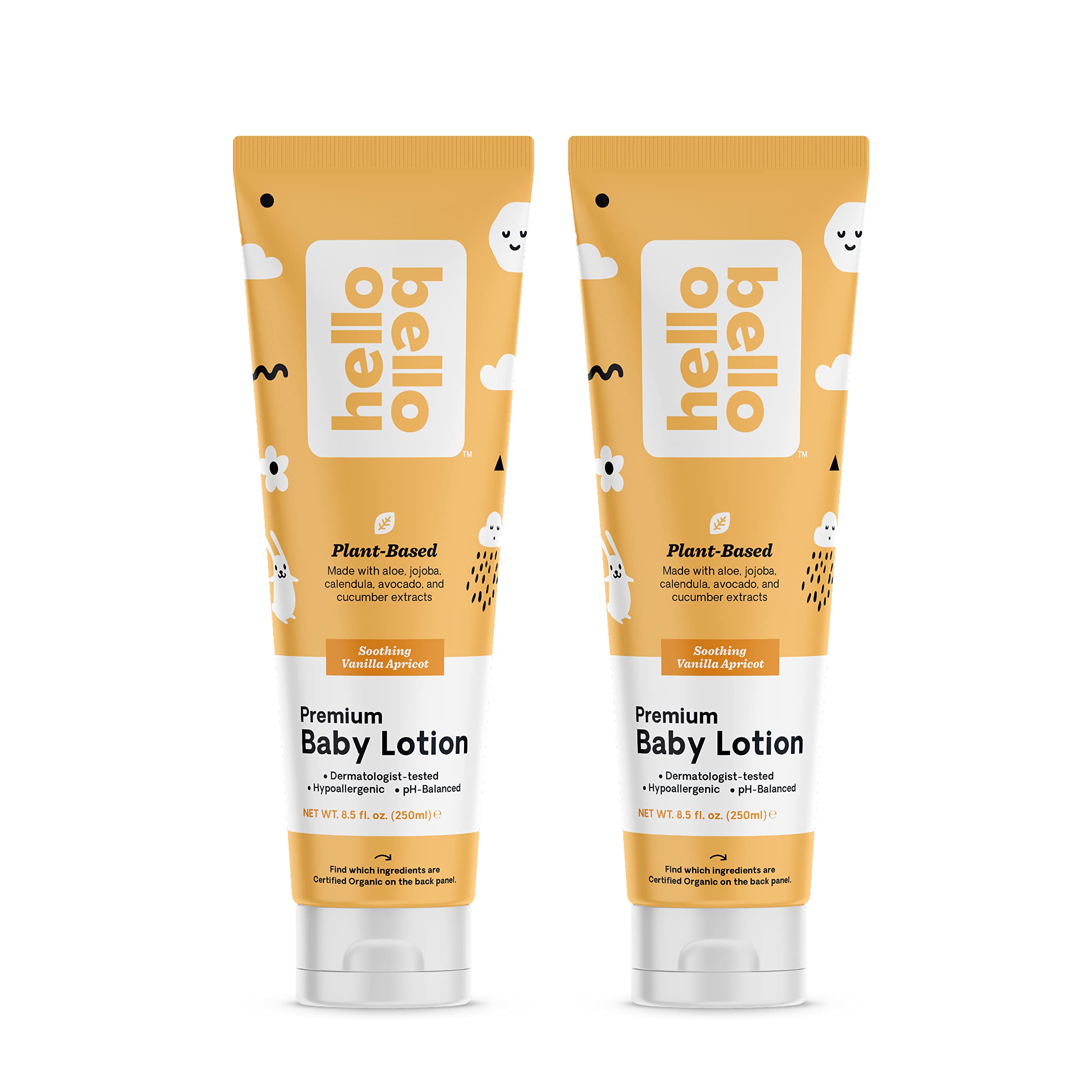 Hello Bello baby lotion bottle with vanilla apricot scent delivering gentle hydration.