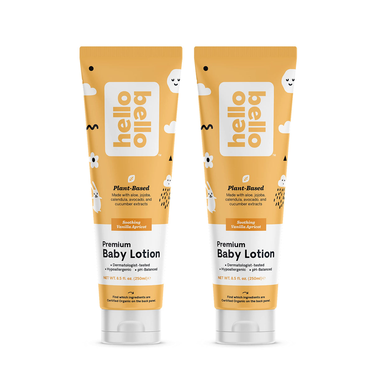 Hello Bello baby lotion bottle with vanilla apricot scent delivering gentle hydration.