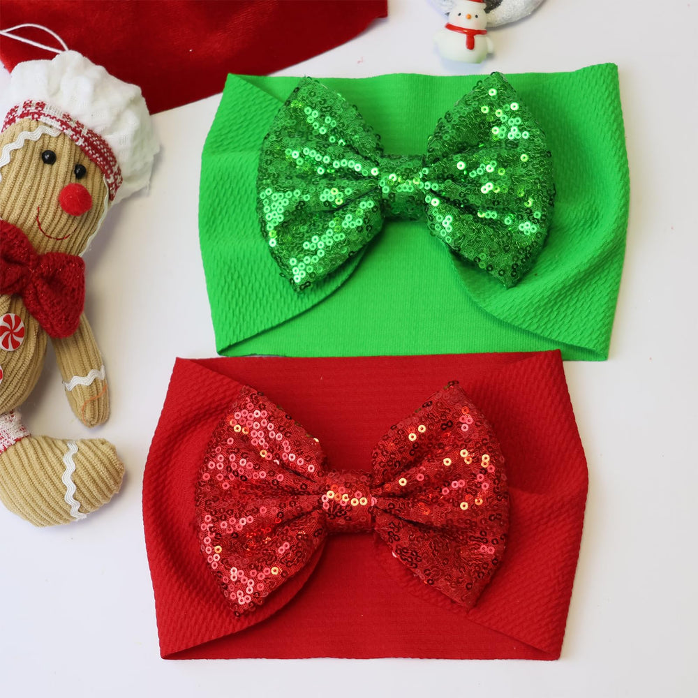 HELKAKA baby girl bow headband with festive red-green sequins for outfits