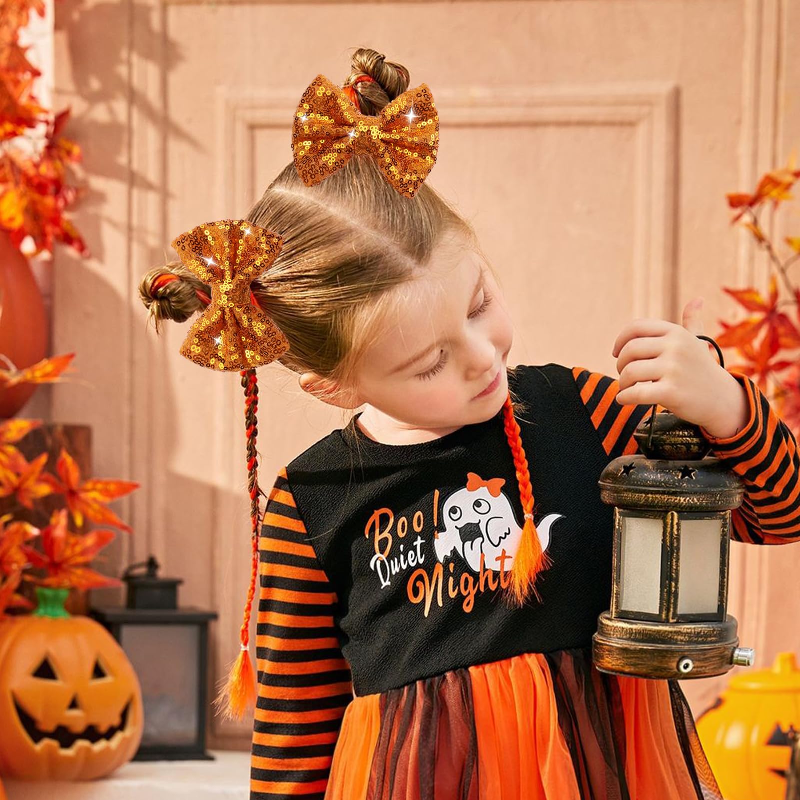 HELYKAKA Halloween orange-sequin bow side view shows durable grip on hair.