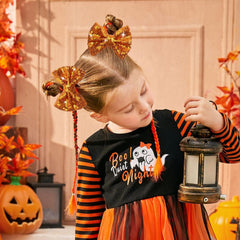 HELYKAKA Halloween orange-sequin bow side view shows durable grip on hair.