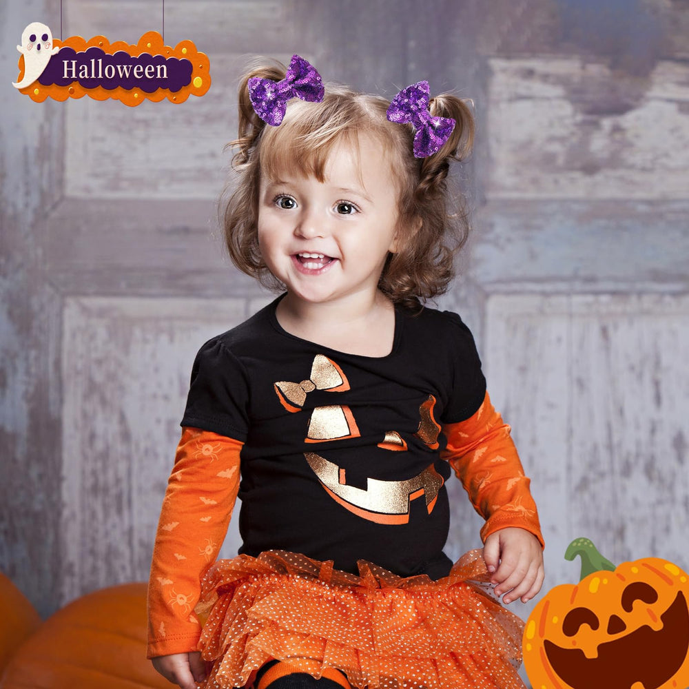 HELYKAKA Halloween-themed bow closeup with orange sequins for playful photos