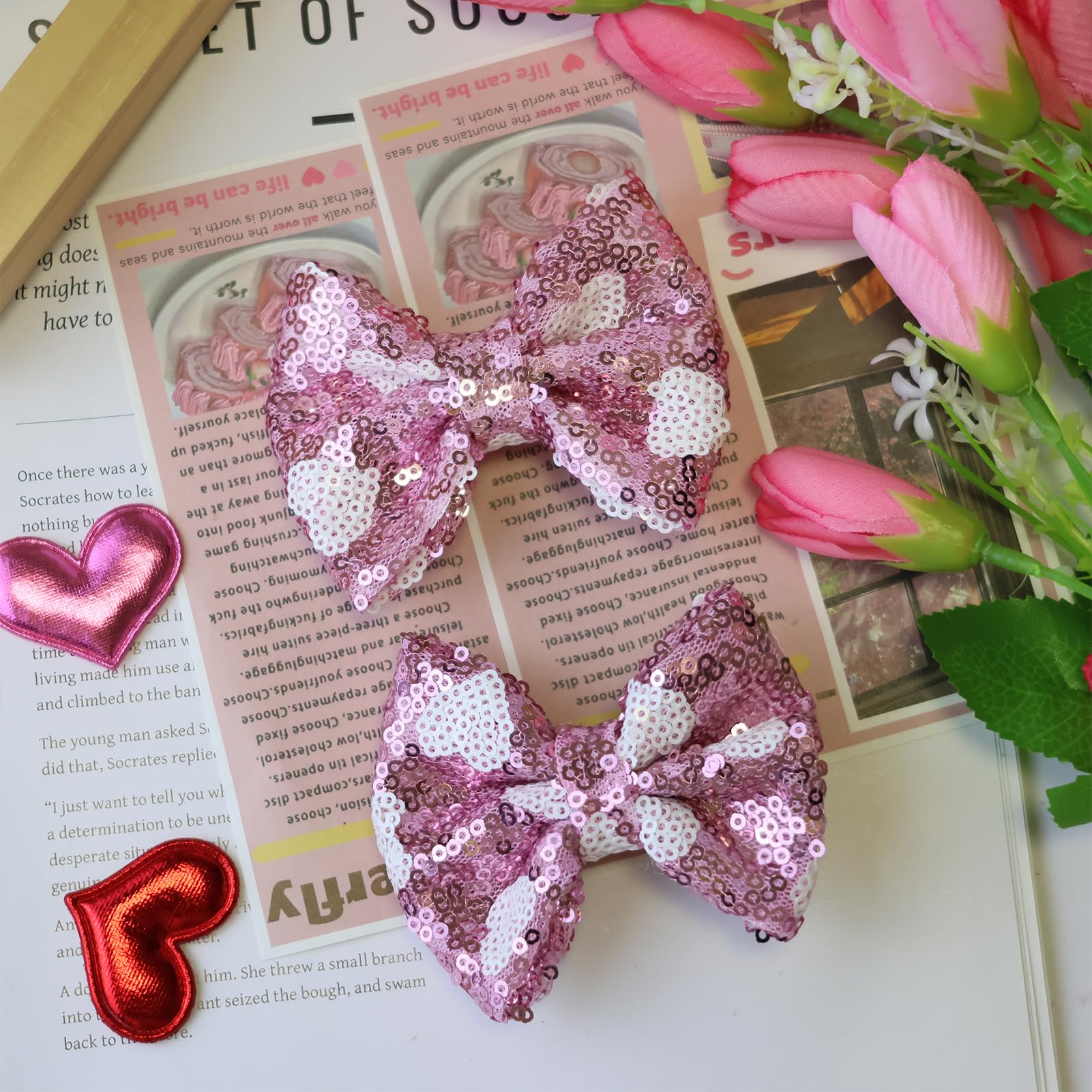 HELykaka handmade Valentine bows crafted with durable sequin fabric.