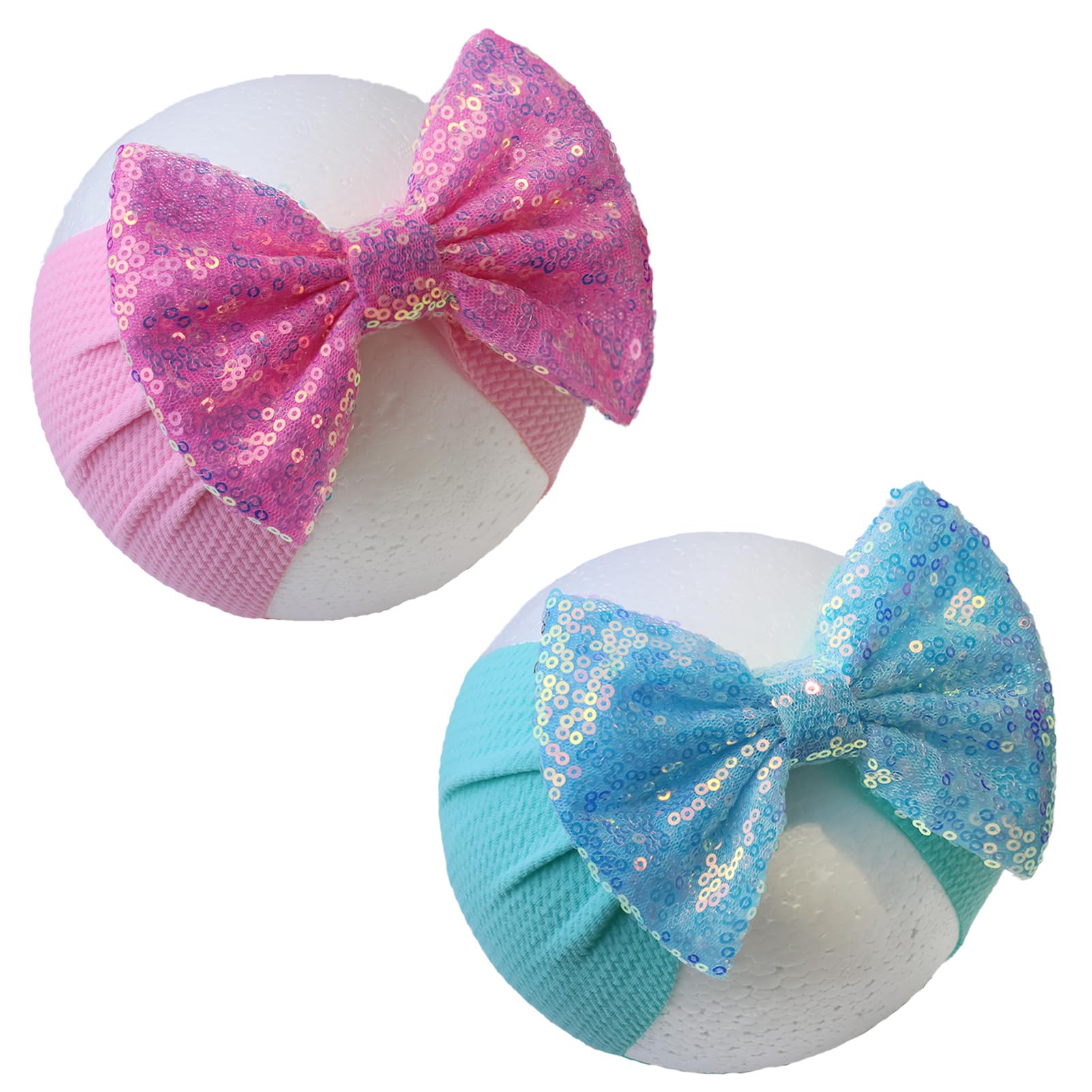 HELYKAKA sequin headbands pink bow closeup, soft fabric for comfortable all-day wear.