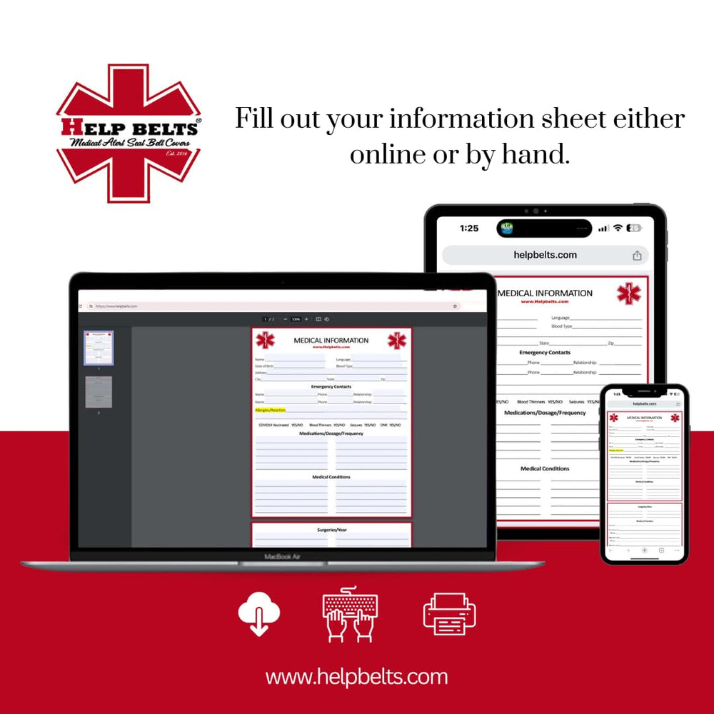 Help Belts medical information sheet download print demonstrates editable at-home updates.