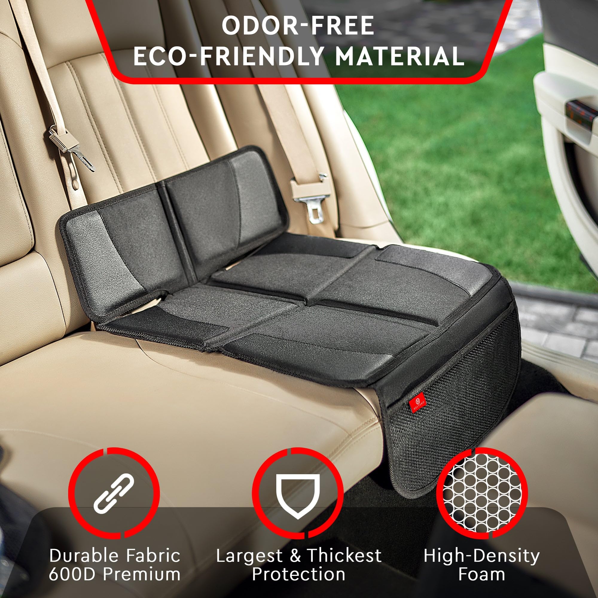 Helteko 2-pack package image illustrating two protectors for front and rear seating protection