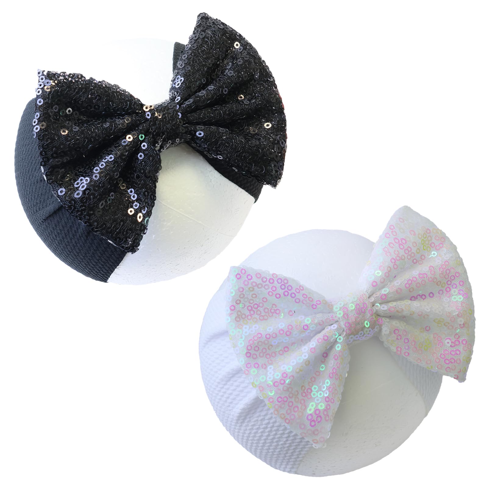 HELykaka black sequin bow headband closeup adds festive style for everyday wear.