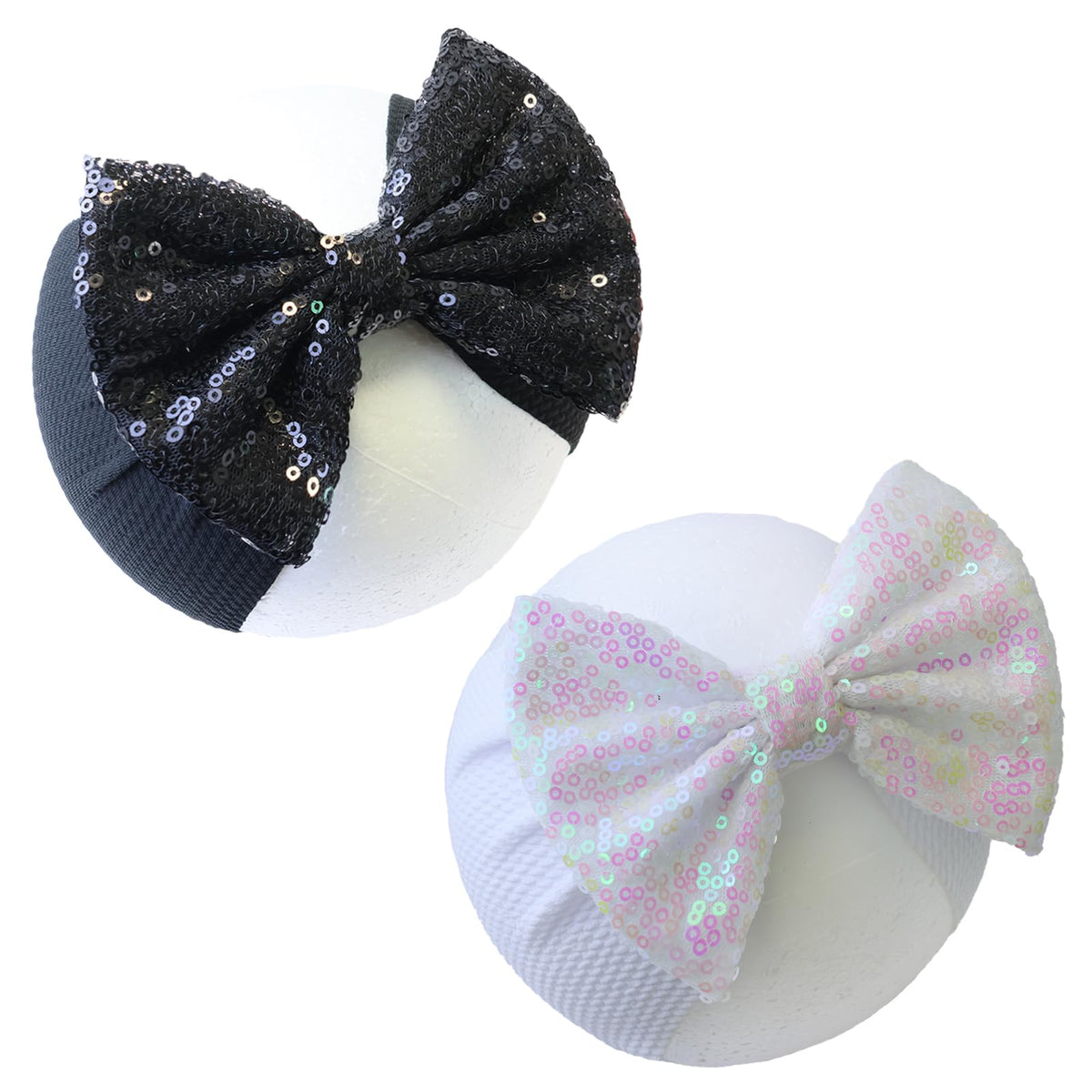 HELykaka black sequin bow headband closeup adds festive style for everyday wear.