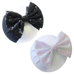 HELykaka black sequin bow headband closeup adds festive style for everyday wear.