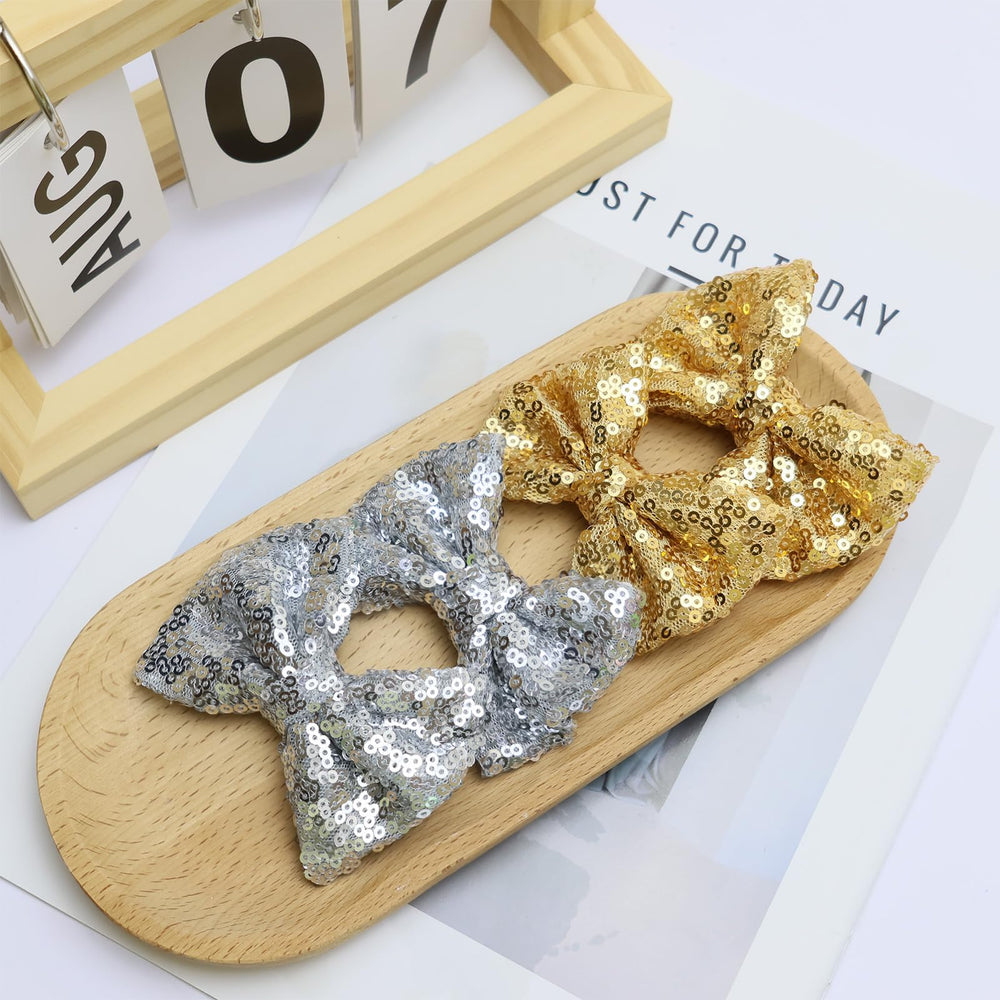 HELYKAKA gold sequins hair bows from different angles highlight craftsmanship.
