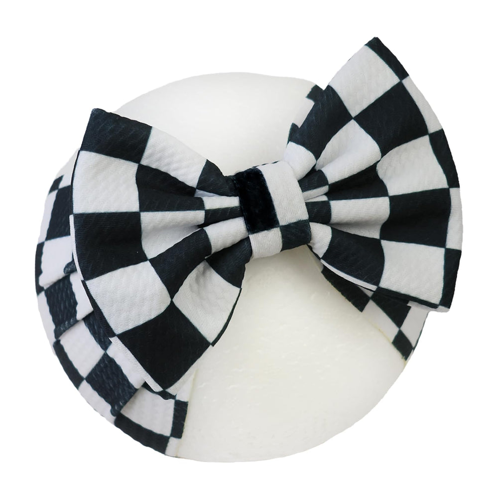 HELYKAKA racing checkered flag headband adds sporty flair to baby girl outfits.