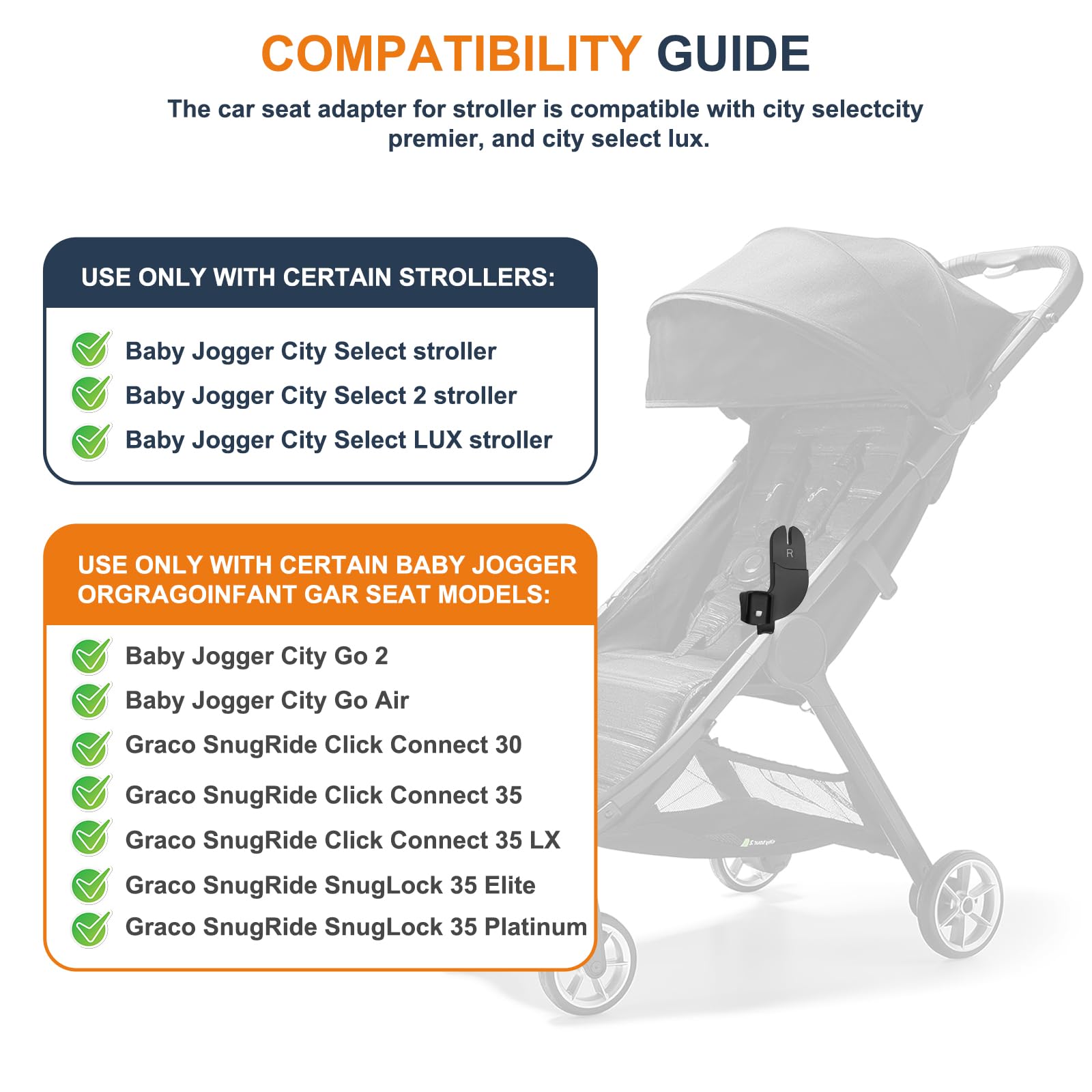 Henkgo adapter shows tool-free installation for Graco seats on City Select strollers.