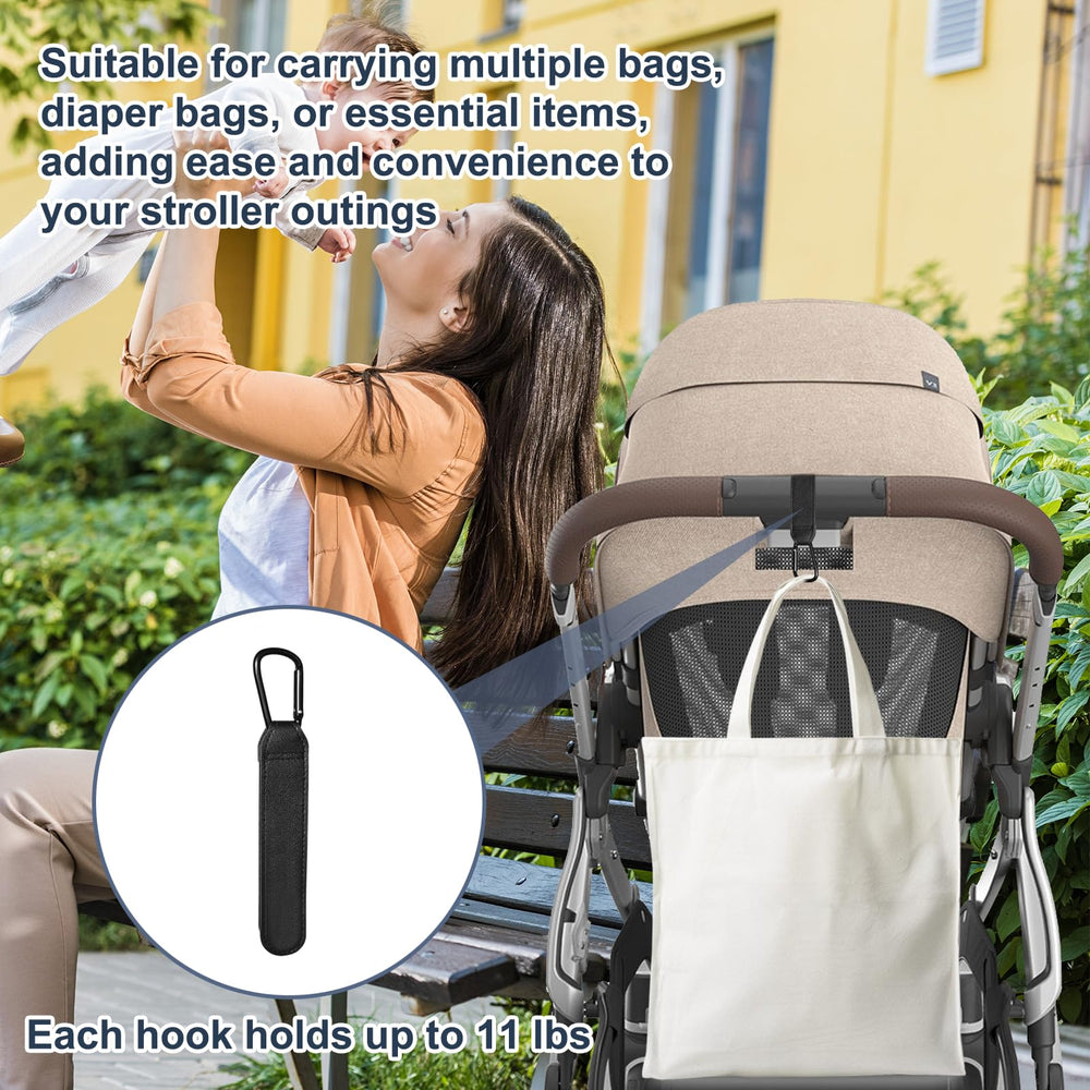 Henkgo aluminum stroller hooks provide durable bag-carrying support.
