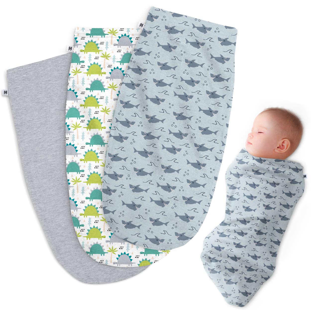 HH Henry Hunter dinosaur swaddle pack showcases soft, breathable fabric for newborn comfort.