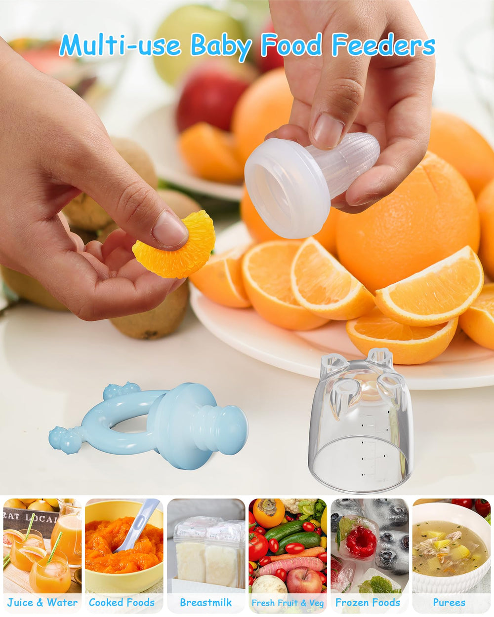 HEOMOONE silicone baby teether in blue demonstrates soothing gums during teething.
