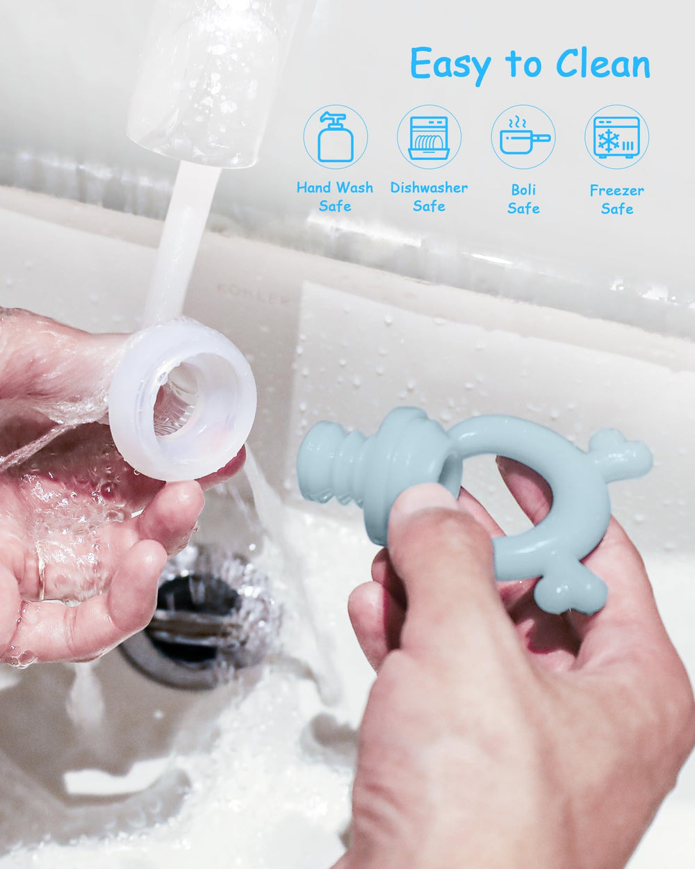 HEOMOONE blue-green packs show multifunctional feeder and teether use.