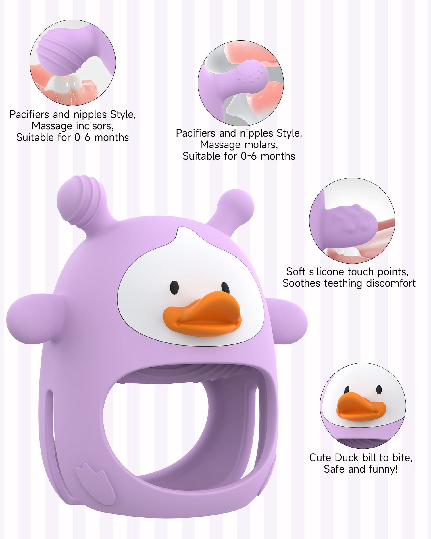 HEOMOONE Never Drop teether close-up shows soft silicone and dual nipples for gum relief.