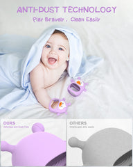 HEOMOONE Never Drop teether demonstrated with a steam sterilizer for safe reuse.