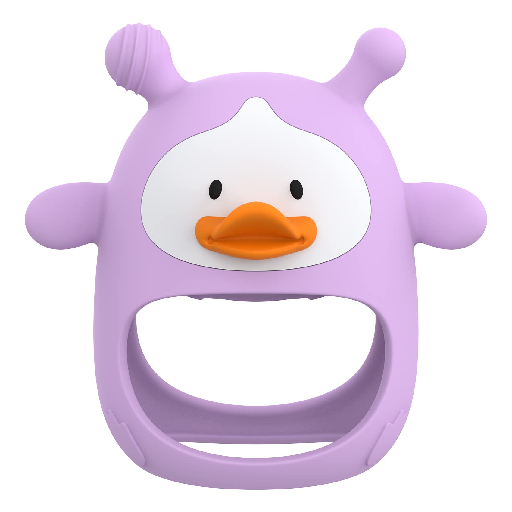 HEOMOONE Never Drop teether worn on baby's wrist for hands-free soothing during teething.
