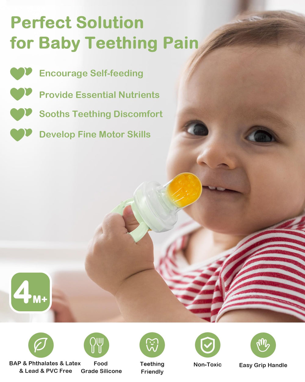 HEOMOONE Sage Green baby teether closeup highlighting soft silicone for soothing gums