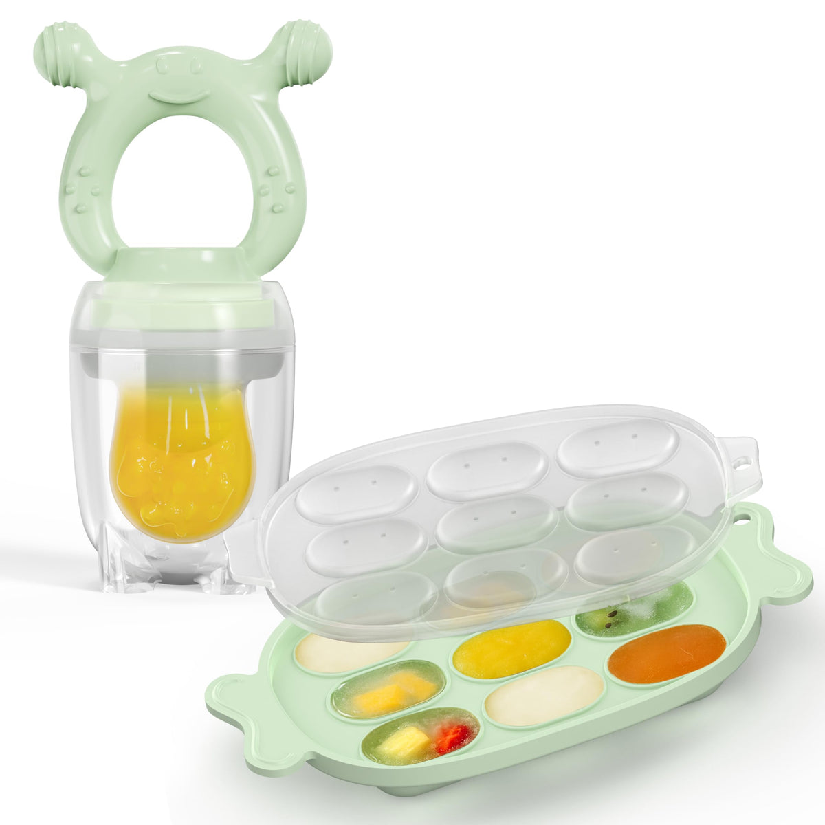 HEOMOONE Sage Green silicone baby feeder assembled for safe self-feeding on the go