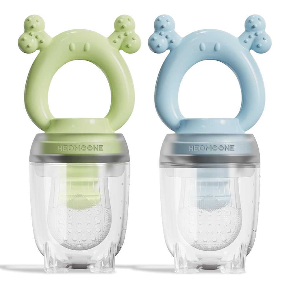 HEOMOONE silicone baby fruit feeder blue-green pack for safe self-feeding.